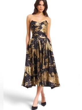 Miss Circle Saanvi Gold Tie Dye Bronzing Strapless Drop Waist Midi Dress Size M